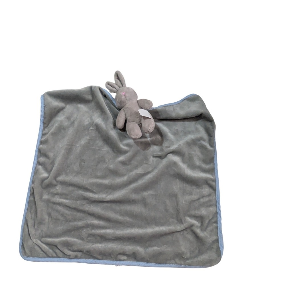 Gi-Go Toys Grey Bunny Rabbit Baby Lovey Security Blanket Blue Trim 13x13 Plush